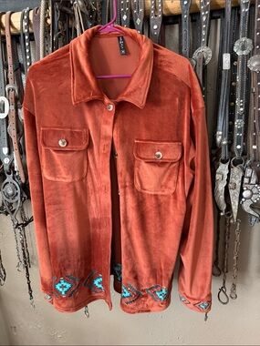 Rust Orange Teddy Jacket with Turquoise Accents - Unknown Brand